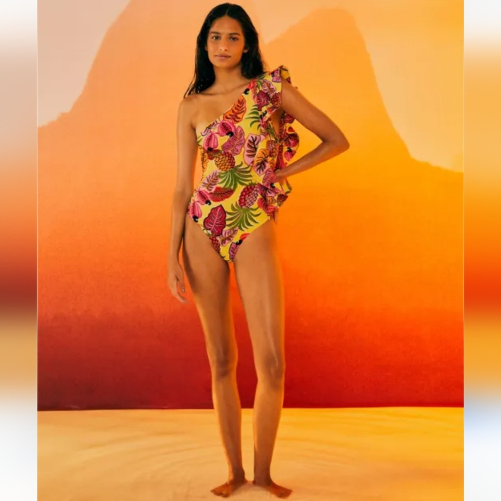 FARM RIO Tropical Dreams One-Shoulder Side Ruffle One Piece Swimsuit NWT - Picture 2 of 9